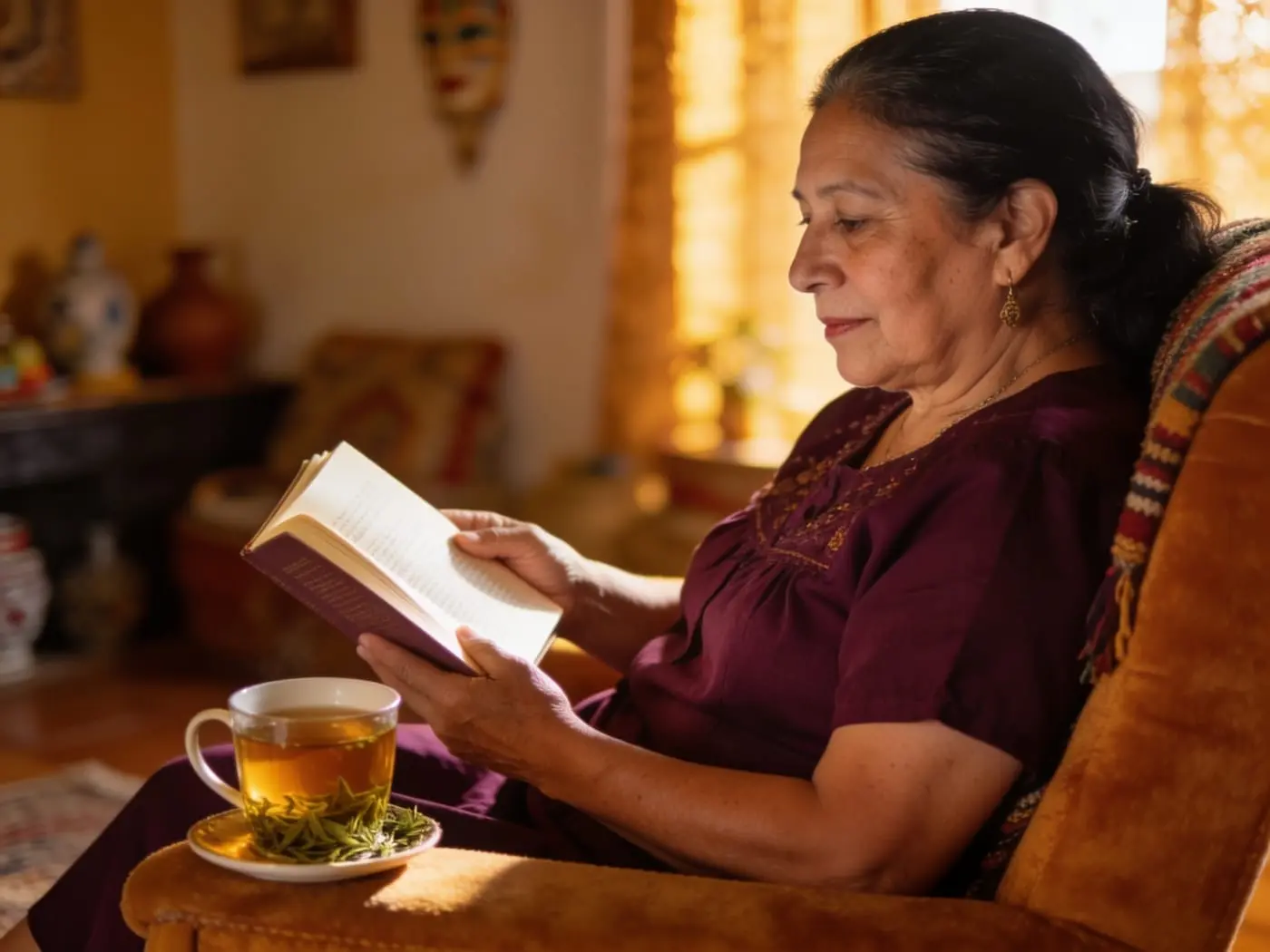 Mujer leyendo tranquila en casa con una taza de té, aliviada