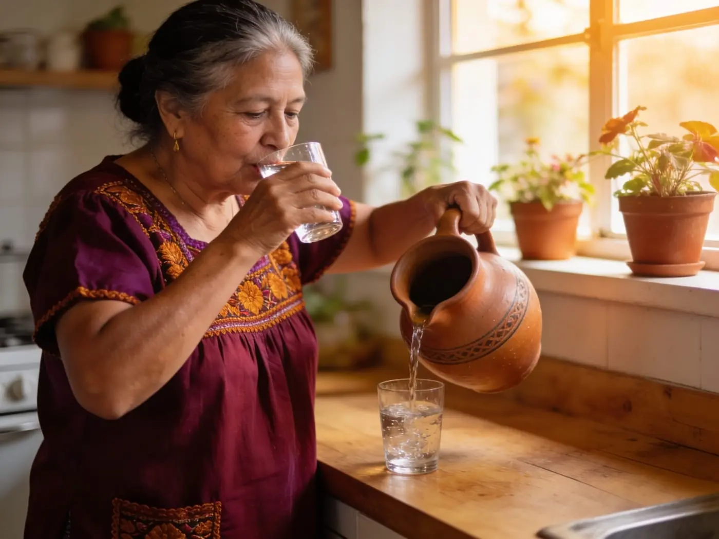Mujer sirviéndose agua fresca en una cocina luminosa, con vitalidad