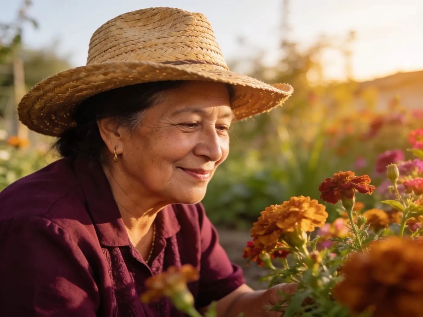 Mujer sonriendo cómoda y tranquila en su jardín de flores