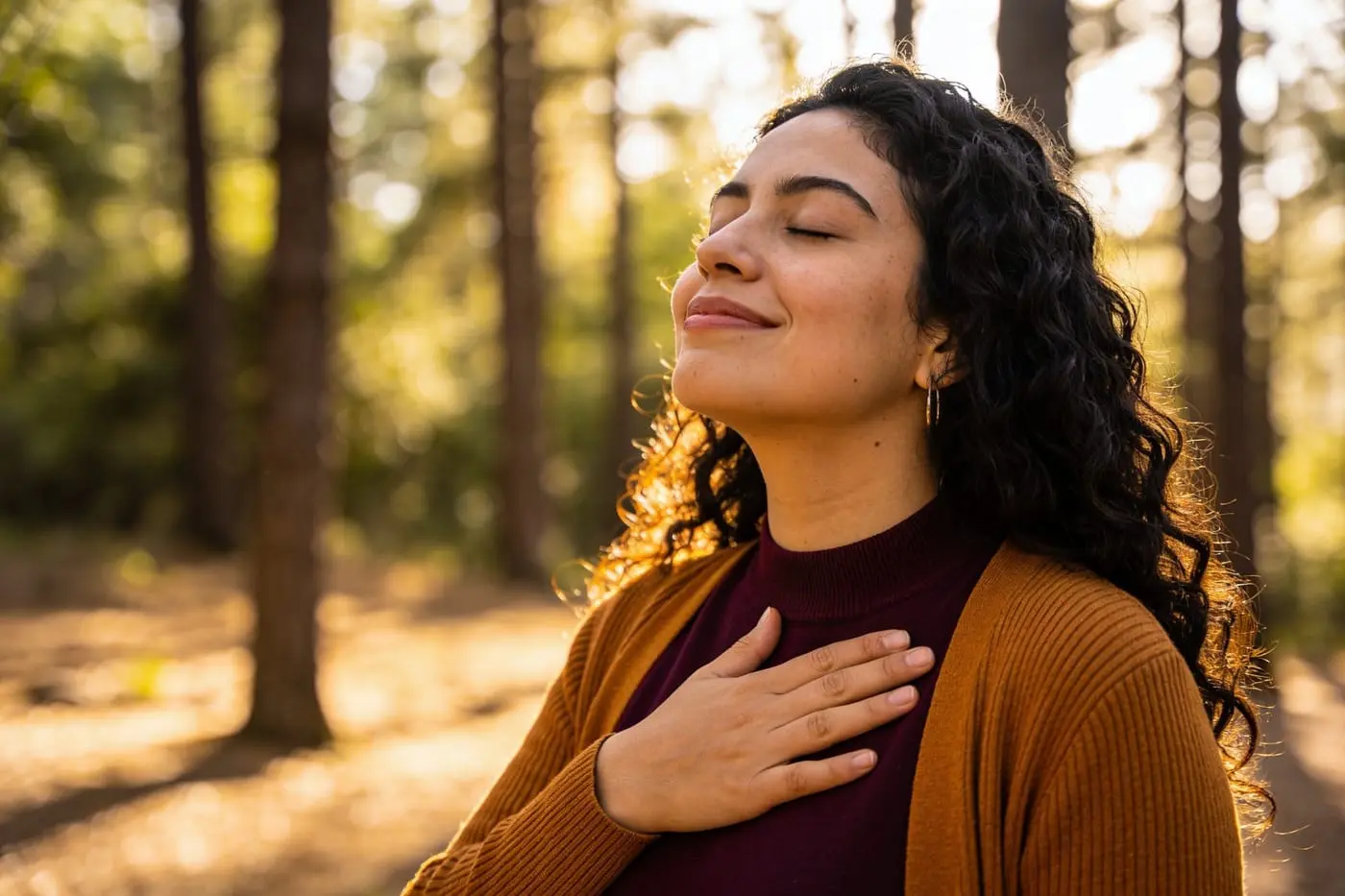 Mujer respirando profundo en la naturaleza, con alivio y esperanza