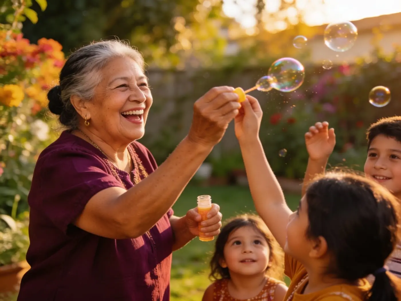 Abuela jugando y riendo con sus nietos en el jardín