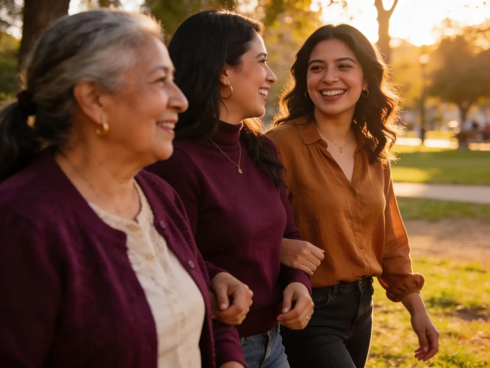Mujeres de distintas edades caminando y conversando felices en el parque