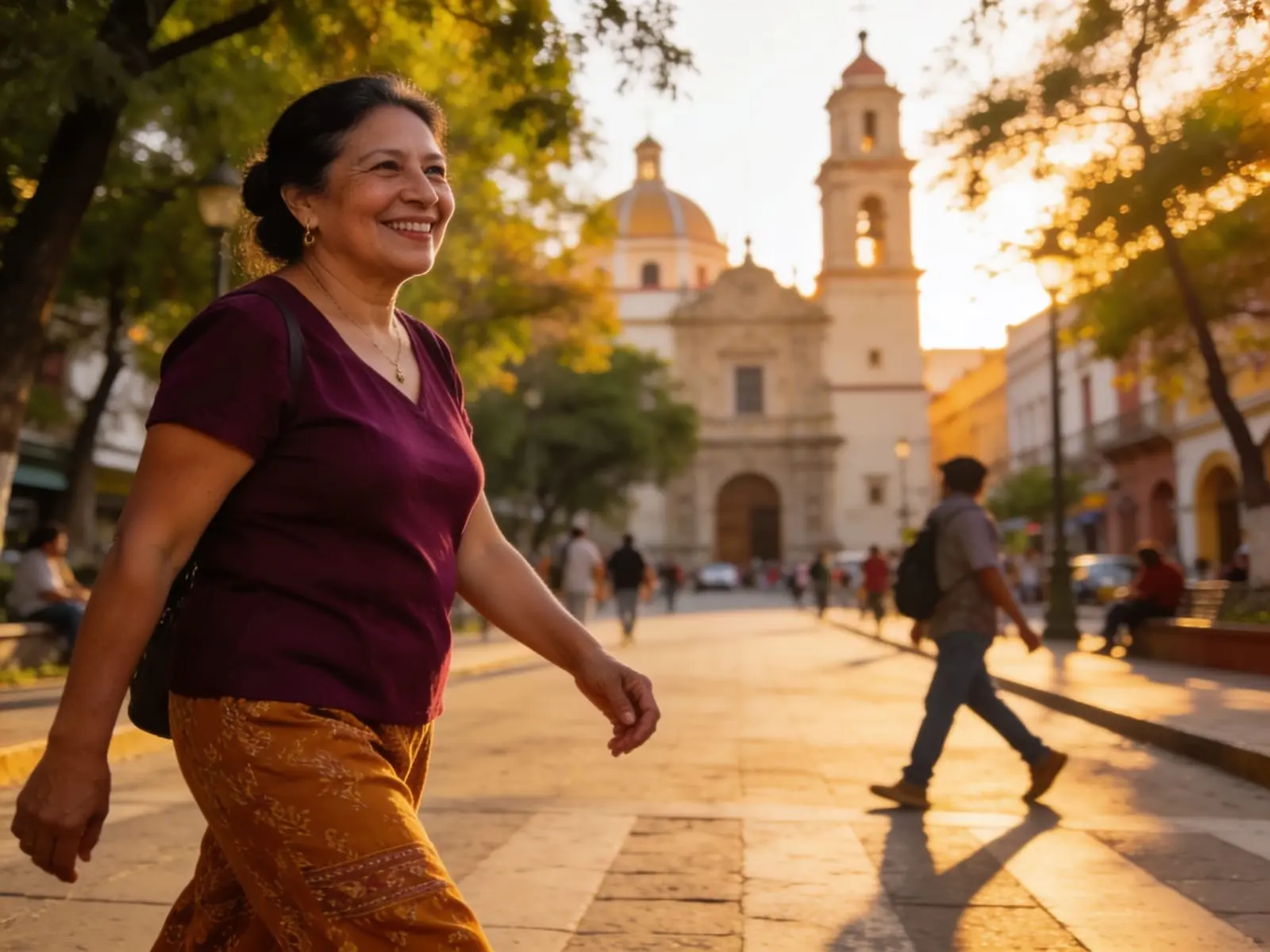 Mujer cruzando con paso seguro una avenida arbolada de Guadalajara