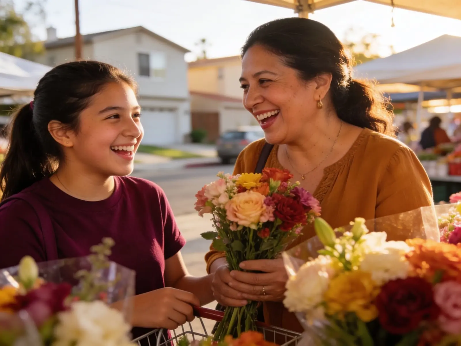 Madre e hija comprando flores en un mercado de barrio, entre risas