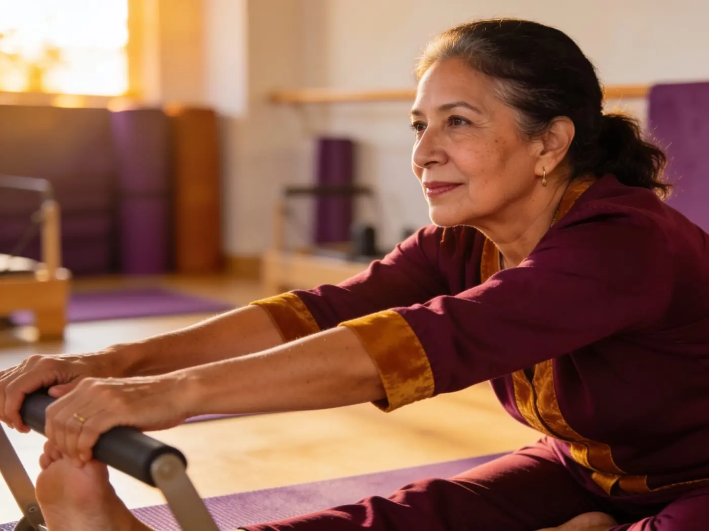 Mujer haciendo pilates suave, sintiéndose ligera y fuerte