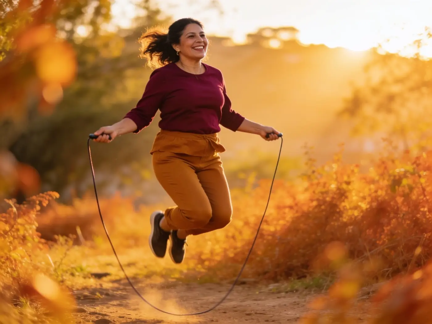 Mujer entrenando con cuerda al amanecer, enérgica y libre