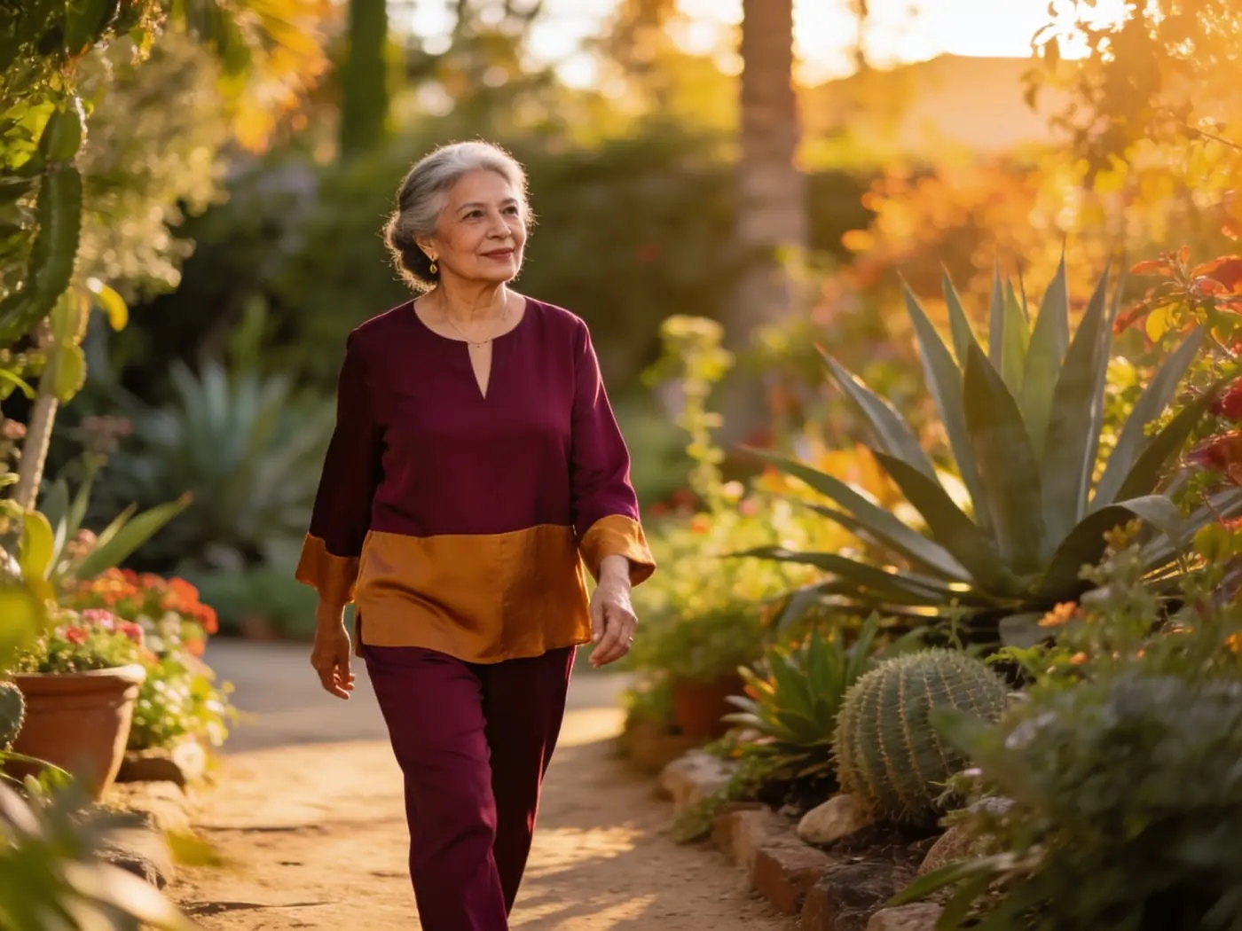 Mujer caminando erguida y ligera por un jardín, con bienestar