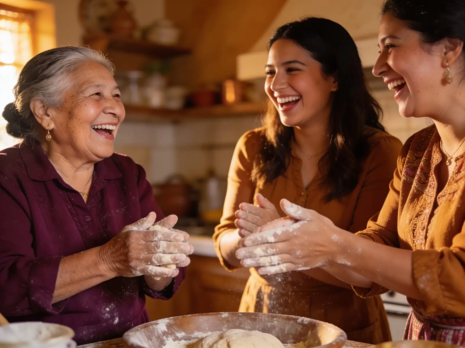 Madre, hija y abuela cocinando juntas entre risas